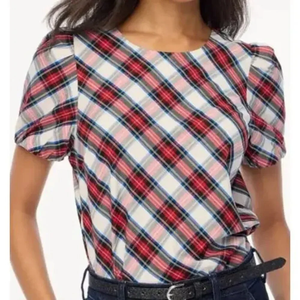 J. Crew Stewart Plaid Tartan Top Blouse Shirt XL Short Puff Sleeve BV626 Office